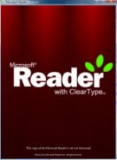 Logo of Microsoft Reader written in white color with 3 green leaves on top of the last letter R.