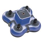 Slightly-curved, rectangular box with four input jacks for headphones at each corner. In the center, there is a raised portion with a fifth kind of input jack. The device is blue in color.