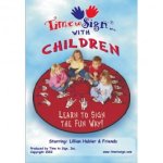 A DVD case, featuring a blue sky background with clouds and the words "Time to Sign with Children" in blue and red font. Beneath, an image of four children sitting on a red, circular mat. On the mat, it says "Learn to sign the fun way!"