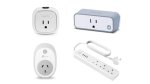 Several different models of smart plugs. They resemble standard wall outlets and are various shades of white and grey. One model is a power strip design.