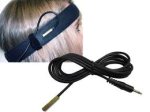 Women's head with headband and pen-like device and cord. Cable with connector and interface is next to image.