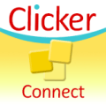 Square with Clicker written across the top with a teal curved stripe underneath and yellow background on bottom with connect written in it.