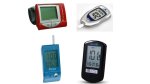 Several different models of talking glucometers. They resemble small digital timers or thermometers, with LCD panels and sticks for blood testing.