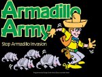 Black rectangle with name of game in big green letters in upper left and cartoon image of cowboy on right being chased by four armadillos.