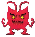 Fanciful image of red demon-like figure with antennae and yellow dots for eyes.