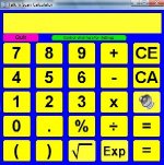 Screenshot of a bright blue and yellow calculator on a Windows OS computer.