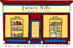 An illustration of a shop front with a door and two display windows, each with a bookshelf. Above the door reads "Future Aids" in both English and Braille. There is also Braille on the door. The shop is red, yellow, and blue. Beneath the illustration reads "The Braille Superstore."