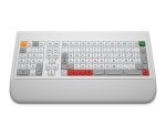 White computer keyboard with tan, black, and red keys; keypad at left; and, an integrated keypad.