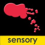 Black square with red splotches. The lowercase word sensory is written in black on a yellow band across the bottom.