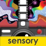 Square with top half of camera on top of a yellow bar with the lowercase word sensory written across it. Movie film is coming out of the top of the camera along with wavy colorful patterns.