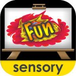 Rounded square with a large easel in the middle against a black background. The easel has a paint splash and the word Fun inside it. The lowercase word sensory is at the bottom in a yellow band.