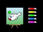 Black square with painting easel on left and a cartoon painting of a fish. On the right are five colored tubes of paint. 