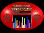 Black rectangular shape with a large, red oval-shaped boombox with speakers on the right and left and colorful sound level bars in the middle.