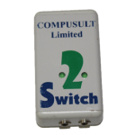 Vertical view of small white rectangular device with 2 Switch written on the top in the middle of two indicator lights and two ports on the end.