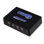 Angled view of small rectangular black device with USBox written on the top and four ports along the front.