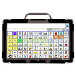 A tablet device displaying a large grid of icons and a text input bar at the top.