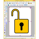 Screenshot of software menu with a large image of a yellow lock, opened, and a black key hole.