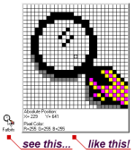 Pixelated tall rectangular image of a hand holding a magnifying glass with grid locations on the bottom.