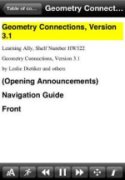 Screenshot of an app interface that reads "Geometry connections, version 3.1" in black font highlighted in yellow at the top of the screen. Below, there is a selection of text and a table of contexts that includes headers such as "Navigation Guide" and "Front," also in black font. At the bottom, a menu toolbar with various buttons, including a pause, rewind, and fast-forward button.