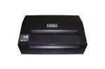 A compact, black desktop printer with output tray in front and control panel on front left.