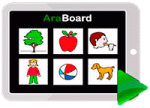 Screenshot of a communications board showing a 2x3 grid of colorful images.