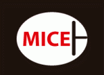 A horizontal black rectangle with an oval white shape in the middle with the word MICE in middle colored red.
