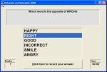 Screenshot of Windows program with a list of words, including "Happy," "Right," and "Angry," with the word "Right" selected in Blue. Below, a menu button reads "Click here to record your answer."