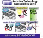 A grid of six different images representing the programs included in the suite. The first features an image of a keyboard and reads "OnScreen." The second has an illustration of a mouse pointer next to a lightbulb and reads "SmartClick." The third features a green background and reads "PointSmart." The fourth shows a mouse and joystick illustration and says "Joystick to Mosue." The fifth features another keyboard image, and the sixth image reads "The Magnifier" and has a magnifying glass illustration.
