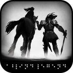 A dark graphic featuring a shadowy horse and rider, who is wearing armor and has a sword. Beneath, Braille characters are illustrated digitally.