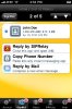 Screenshot of a mobile app displaying a yellow and black interface with a contact's name and phone number, followed by a menu list of options, including "Reply by SIPRelay," "Copy Phone Number," and "Reply by Mail."