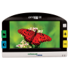 Rectangular handheld device with a rounded top, two colored control buttons on either side of a widescreen display with the image of a butterfly in the center.