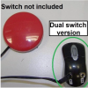 A red, round switch device with a note alongside reading "Switch not included" and a black mouse to the right. In between, a note reads "Dual switch version." 