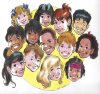 Collage of a drawing of many children's faces arranged in a large circle against a yellow background.