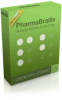 A bright green software box with the words "PharmaBraille" at the top in black font and white circle graphics meant to represent Braille dots below.