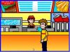 Drawing of teenage boy standing at the counter of a fast food restaurant.