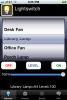 Screenshot of an iOS interface reading "Lightswitch" at the top of the screen and displaying a list of menu options, including "Desk Fan," "Library Lamp," and "Office Fan." Beneath, there is an option slider, that ranges from "Off" to "Level" to"On." The slider is set to "On."