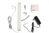 Two white rectangular objects with corresponding parts and a black power cord.