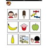 AAC board with pictograms such as a person waving, candy, and fruit.