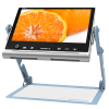 Video display showing a cut orange attached to a stand with a flat surface below.