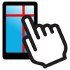 Drawing of a white hand outlined in black with the index finger touches a smartphone with a grid on it.