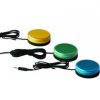 Three round switches in yellow, green, and blue, each with black cords attached to a black base.