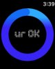AngryTimer app showing a black screen with a blue ring of color which is graded into a lighter blue color with a pixelated message in the middle written as smaller case letters "ur" and capitalized "OK". There is a timer display in the top right corner.