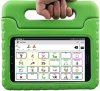 A green carrying case with a handle and a tablet inside featuring the TalkTablet Speech App menu screen. The screen features word choices with corresponding illustrations.