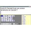 The Clavidef8 onscreen keyboard in the EJARIN layout with words listed in a column on the right. On the bottom line is a menu with buttons for word processing functions, like return, delete forward, delete back, capitalize, save, stop, etc.