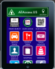 An iPad with the AllAccess app on its screen. The title is in a green bar with the word "location" written along with a pin for a map. Below the title is a 3x4 grid of options with their simple icons like name search, scan logos, scan codes, auto and travel, food and drink, fun and nightlife, health and services, shopping, wedding, and 3 others which are not fully shown.