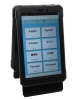 An encased tablet device with a screen featuring language options.