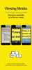 Flowy viewing modes on three different mobile phones, the first with smaller black text on a gray background, the second with a yellow background, the next with black text magnified to show two words, and the last with a yellow background and black text magnified to who 3 lines of text.