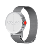 A silver watch and band with braille on the face and push buttons on the right.
