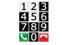 Keypad with numbers 1, 2, 5 are black on white keys; 3,4,7-9 are white on black keys. The bottom row has a white phone on a green key in a "use" position on the left, and a white phone on a red key with a phone at rest on the right