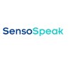 Large white square with SensoSpeak written across the middle, Senso in blue and Speak in teal.